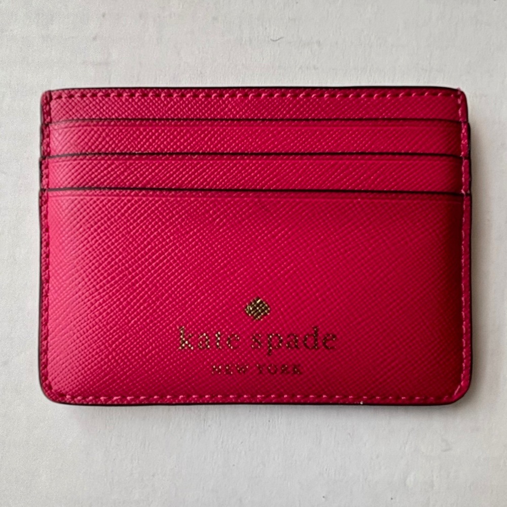 Kate Spade New York‎ Pink Saffiano Leather Slim Card Holder Wallet Gold Logo